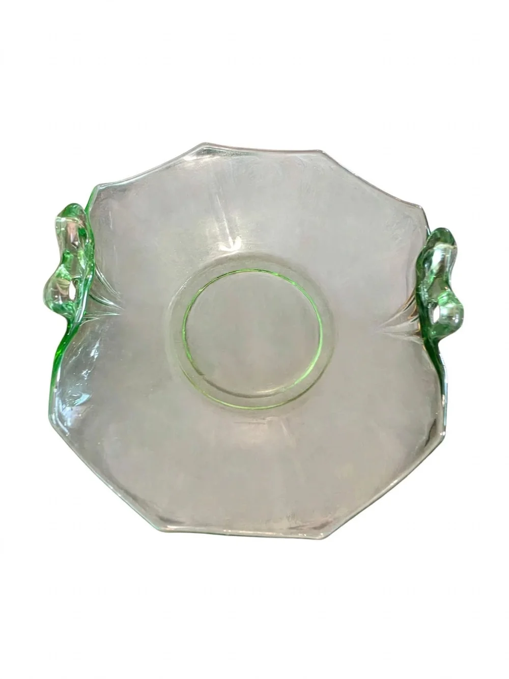 VINTAGE GREEN URANIUM GLASS Handled Serving Dish / Candy Dish - GLOWS under UV!!